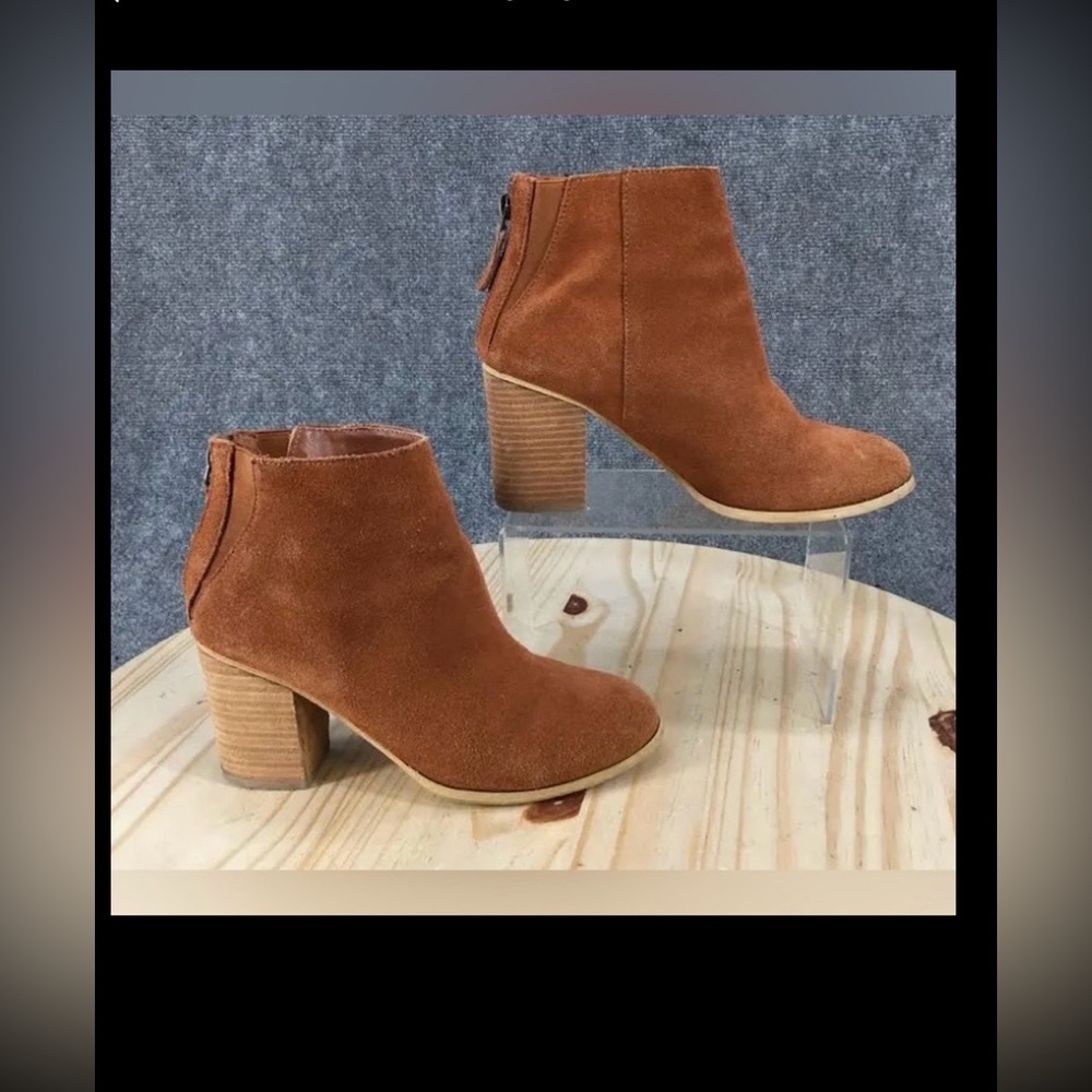 Ecote Suede Ankle Boots block heels Back Zipper Gusset Sides in Cognac Size 8